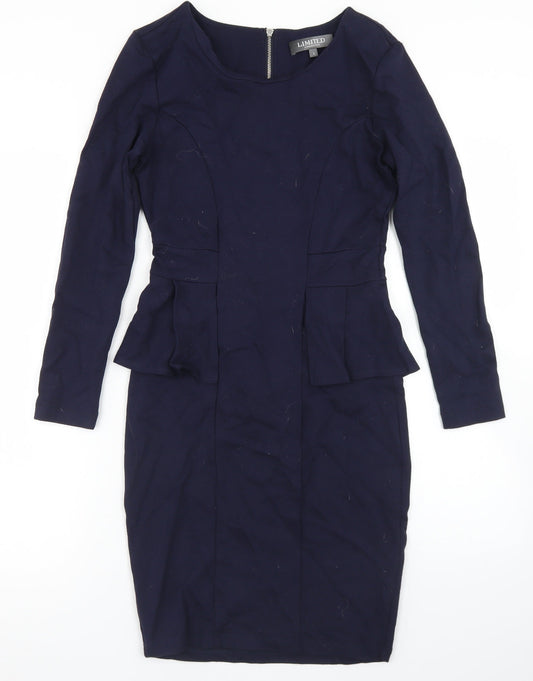 Additional front view of Limited Collection women’s blue viscose pencil dress, size UK 6, crew neck