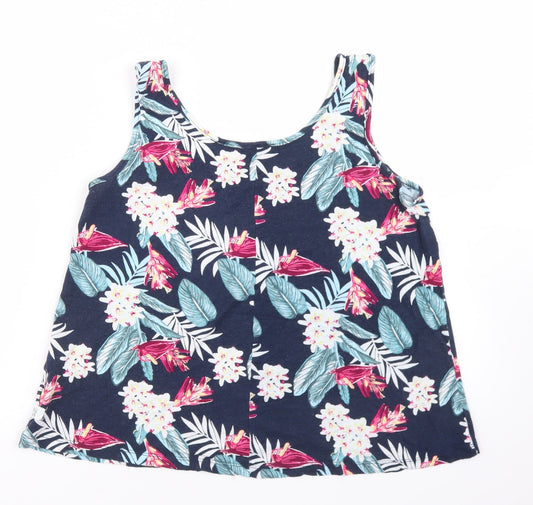 ESMARA Womens Blue Floral Linen Basic Tank Size M Round Neck