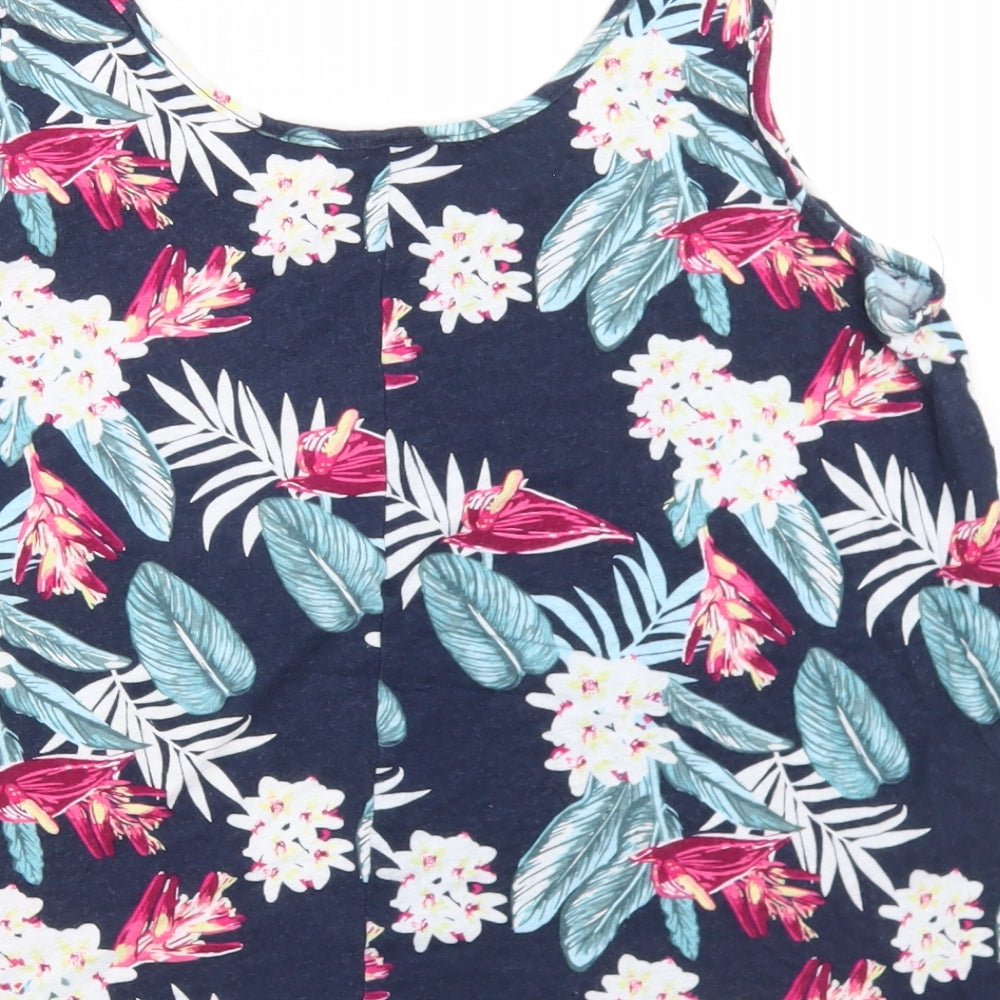 ESMARA Womens Blue Floral Linen Basic Tank Size M Round Neck