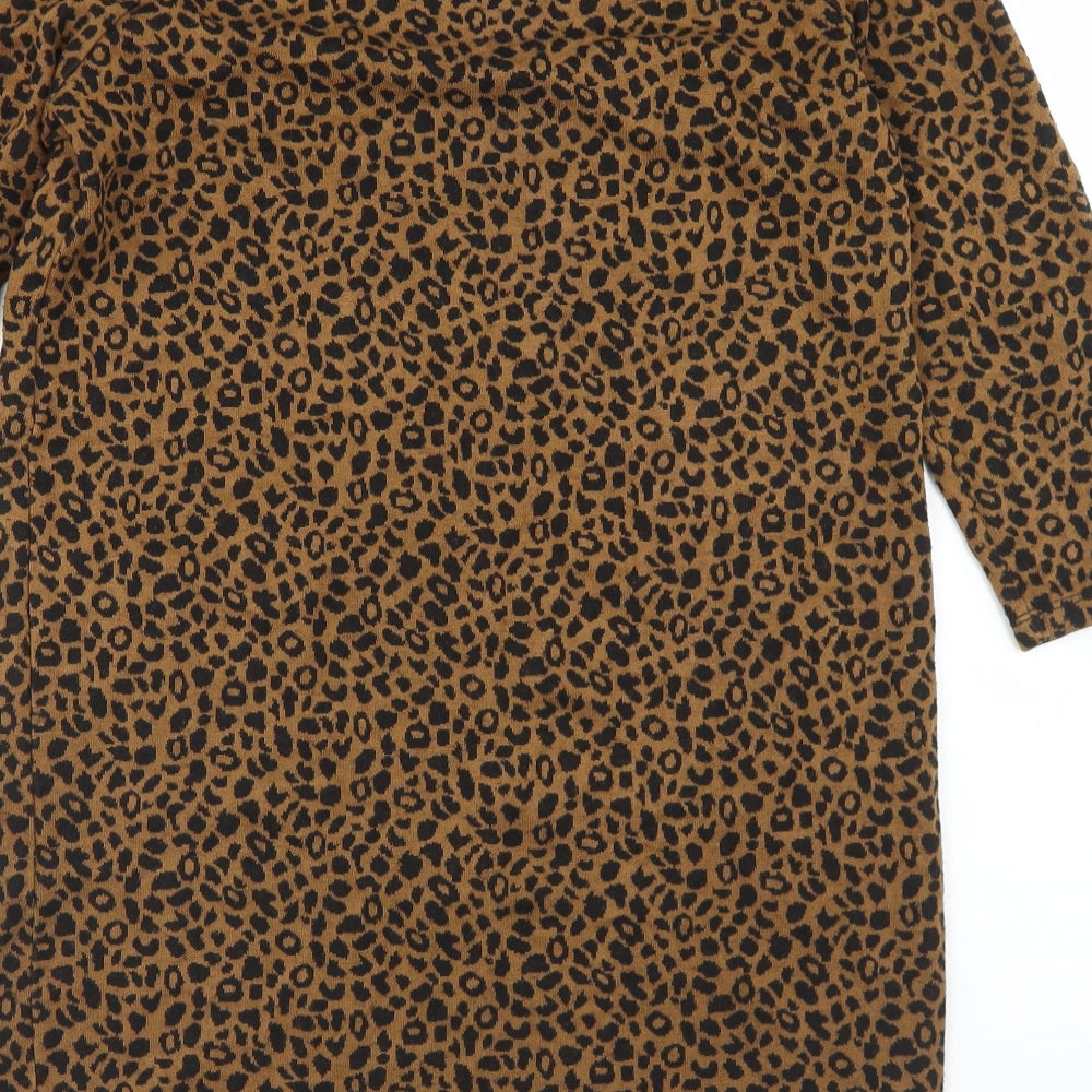 Brand and care label for Tu women’s brown animal print viscose pencil dress, size UK 10, round neck