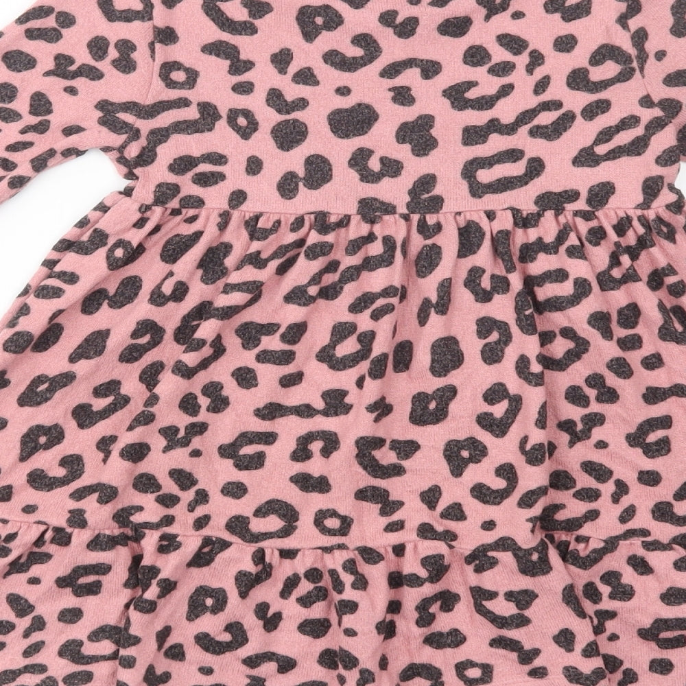 F&F Girls Pink Animal Print Viscose Skater Dress Size 4-5 Years Crew Neck Pullover