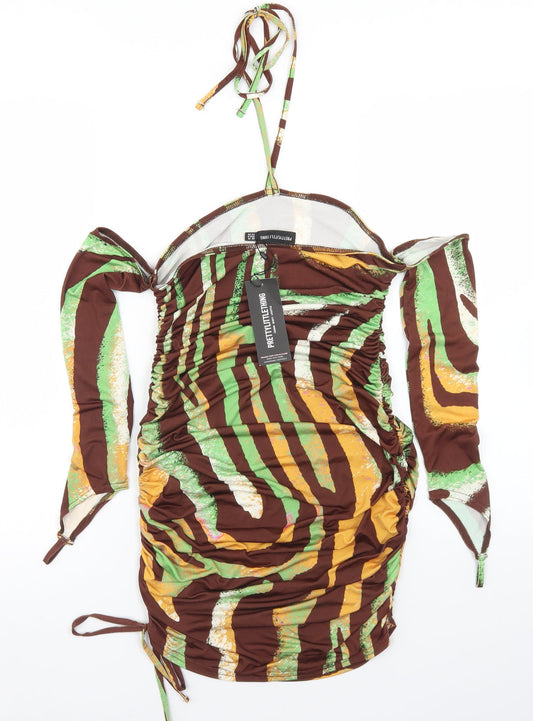 PRETTYLITTLETHING Womens Brown Animal Print Polyester Bodycon Size 10 Halter - Glove Detail