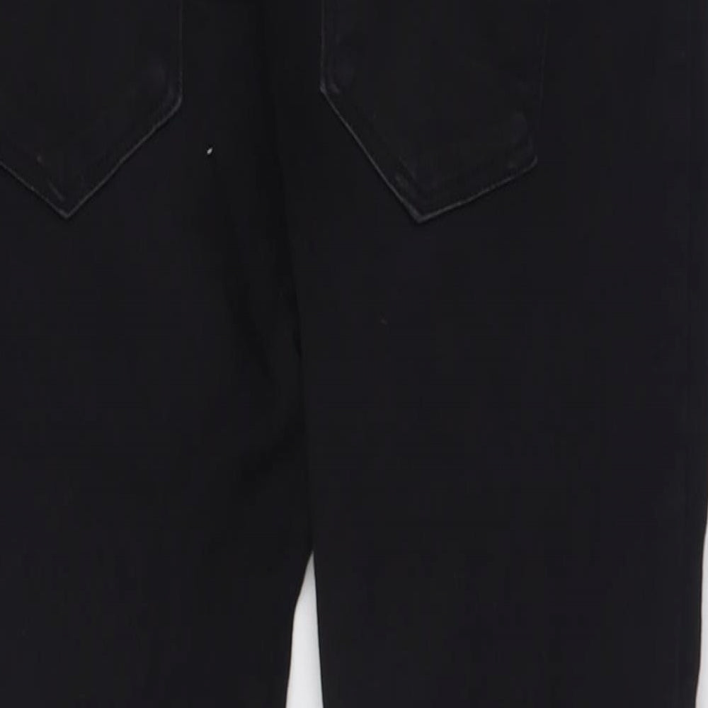 Brand and care label for Dorothy Perkins women’s black cotton skinny jeans, size UK 8, 28-inch leg regular button