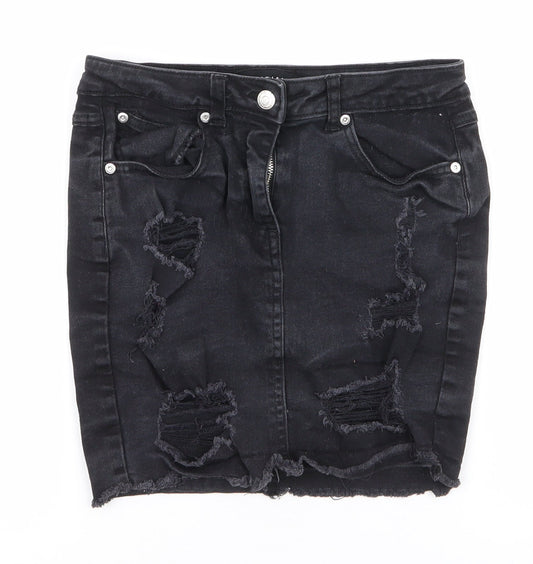Additional front view of Parisian women’s black cotton mini skirt, size UK 8, zip - distressed