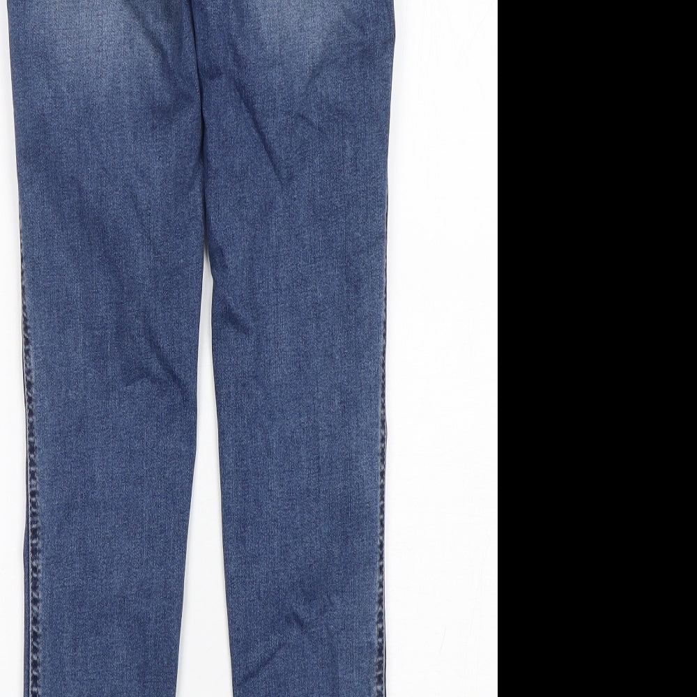 Brand and care label for Mango women’s blue cotton skinny jeans, size UK 8, 30-inch leg regular