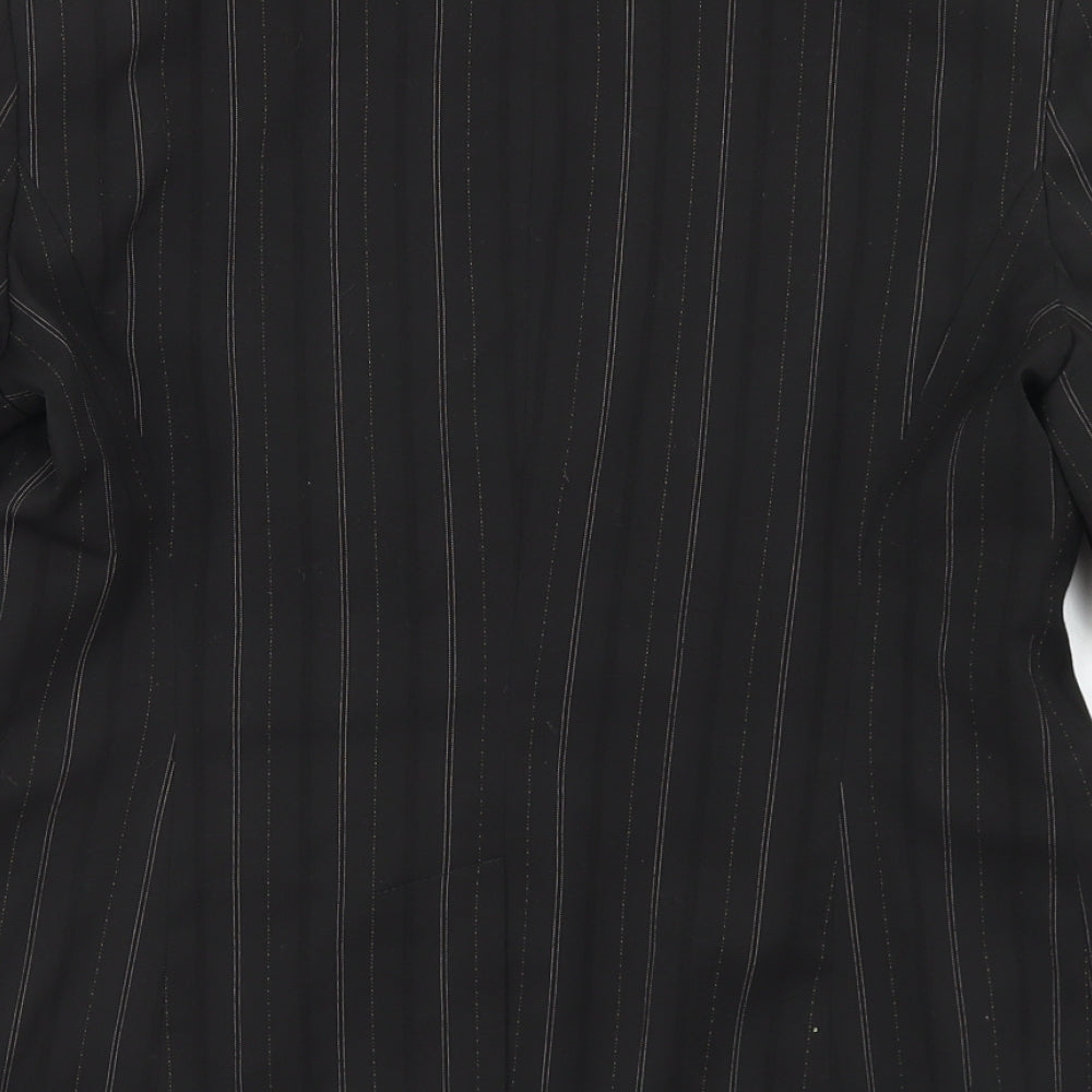 Brand and care label for Dunnes women’s black striped polyester jacket blazer, size UK 14