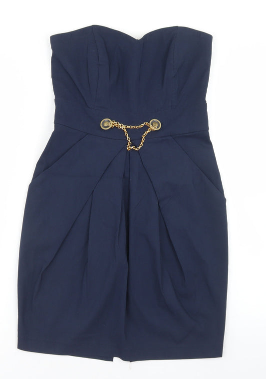 Additional front view of Miso women’s blue nylon pencil dress, size UK 10, sweetheart zip