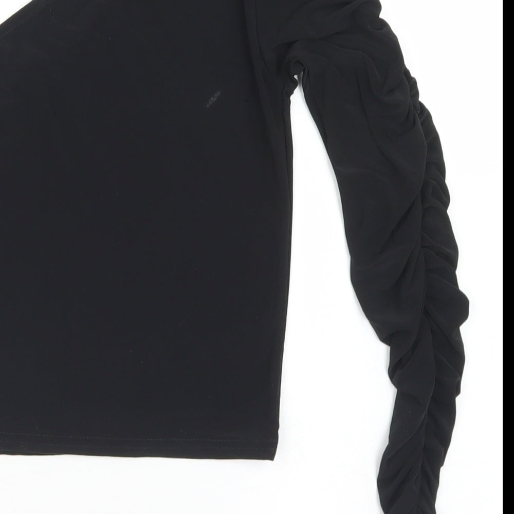 PRETTYLITTLETHING Womens Black Polyester Cropped T-Shirt Size 10 One Shoulder - Ruched Sleeve