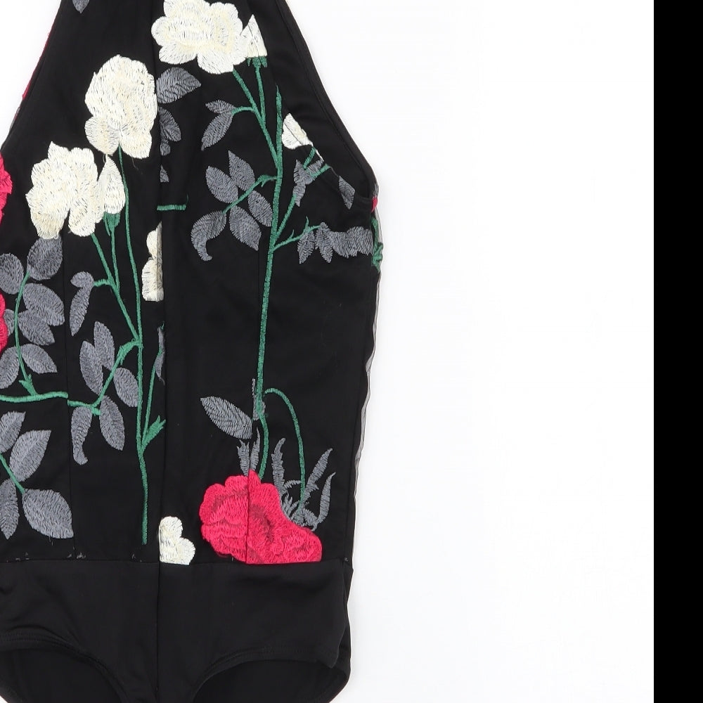 Girl in mind Womens Black Floral 100% Polyester Bodysuit One-Piece Size 8 Snap