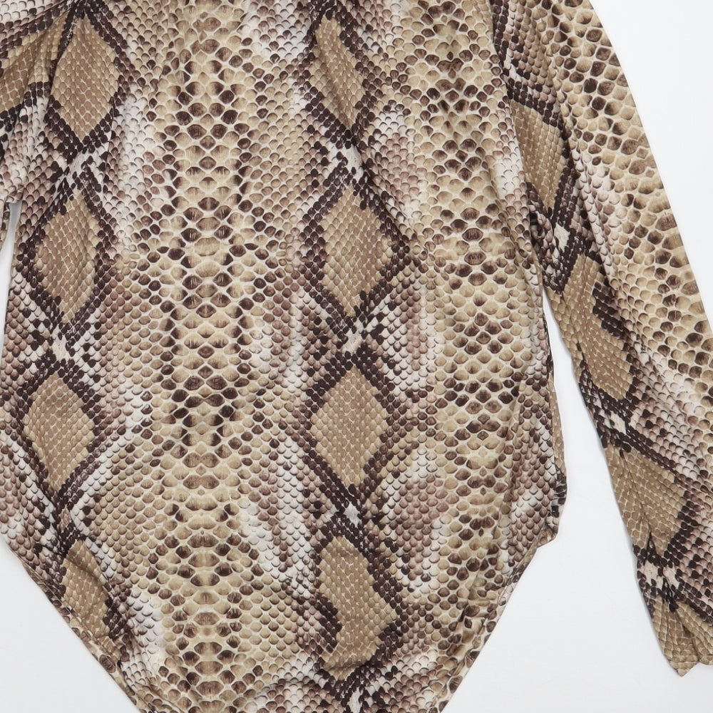 Brand and care label for I SAW IT FIRST women’s brown animal print polyester bodysuit one-piece, size UK 10