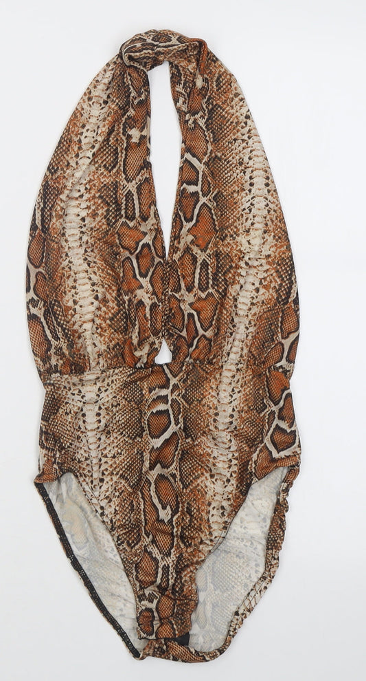 Additional front view of Edge Street women’s orange animal print polyester bodysuit one-piece, size UK 10, tie - open back