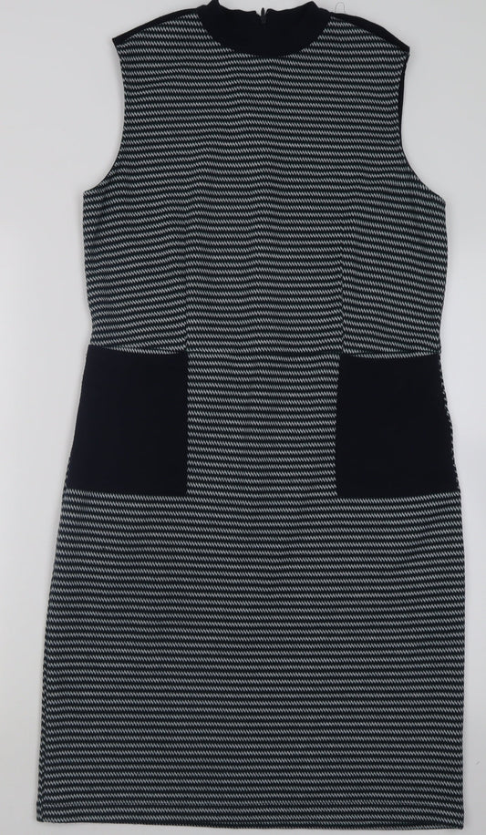 Additional front view of Tu women’s blue geometric polyester a-line, size UK 12, crew neck zip