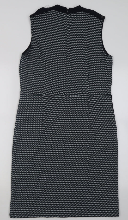 TU Womens Blue Geometric Polyester A-Line Size 12 Crew Neck Zip