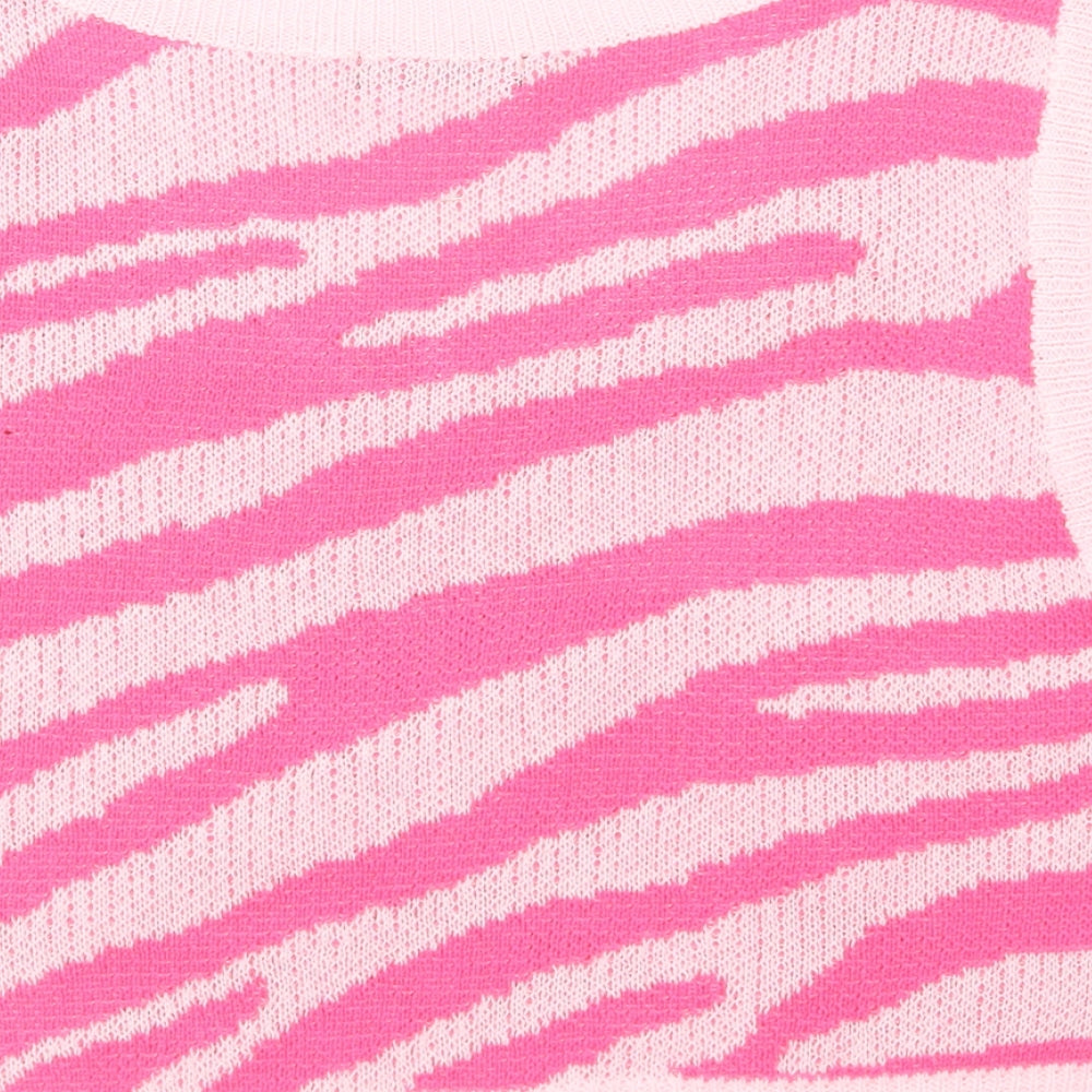 Brand and care label for SHEIN women’s pink v-neck animal print viscose vest jumper, size M