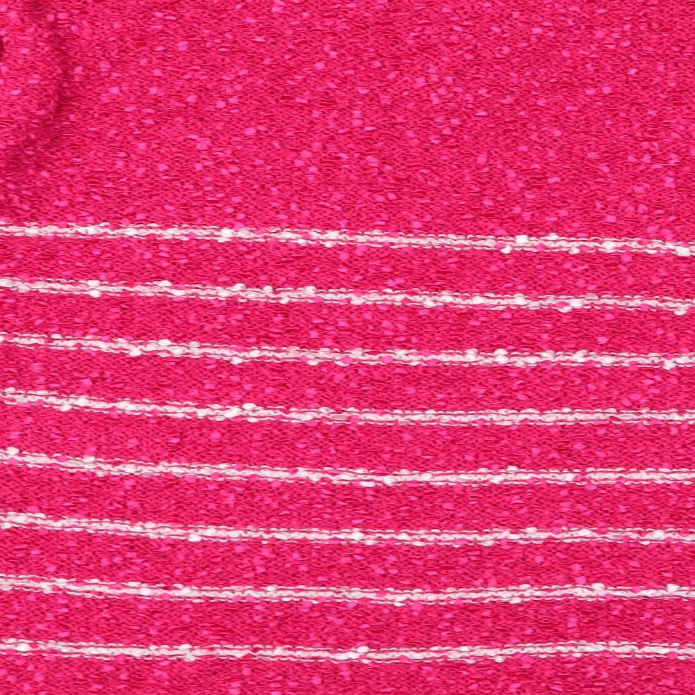 Brand and care label for Elizabeth Scott women’s pink round neck striped polyester jumper, size L