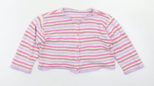 Marks and Spencer Girls Pink Striped Acrylic Cardigan Jumper Size 18-24 Months Button