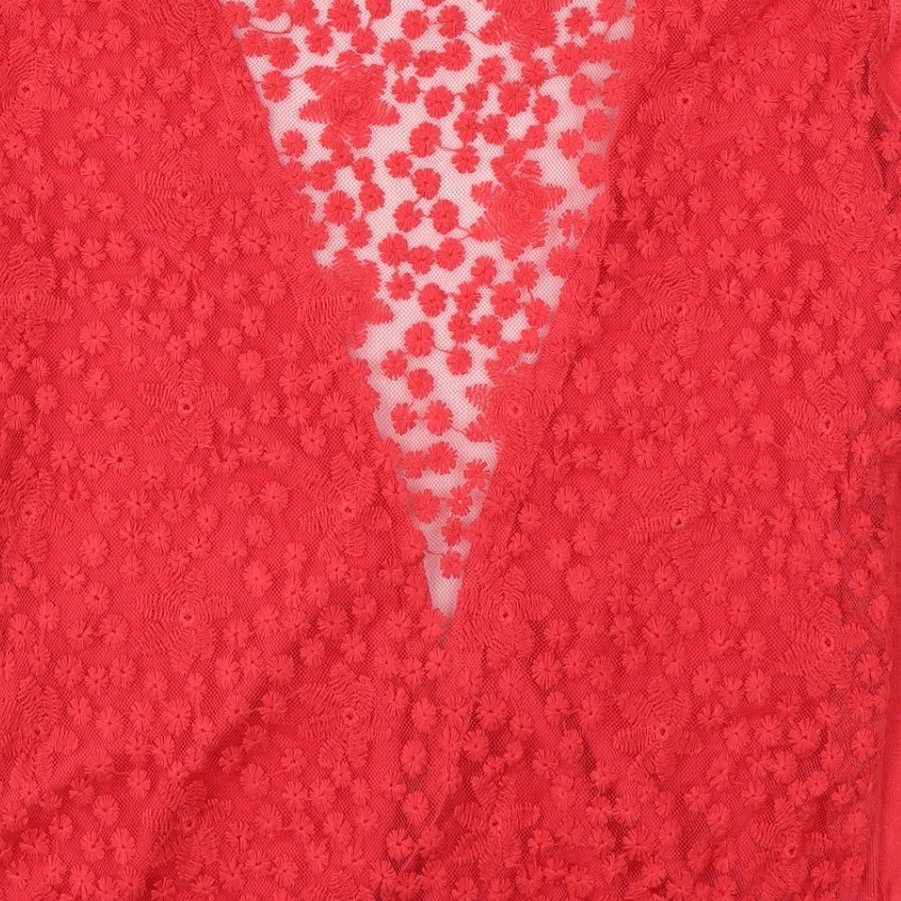 Brand and care label for Autonomy women’s red v-neck floral polyester cardigan jumper, size L
