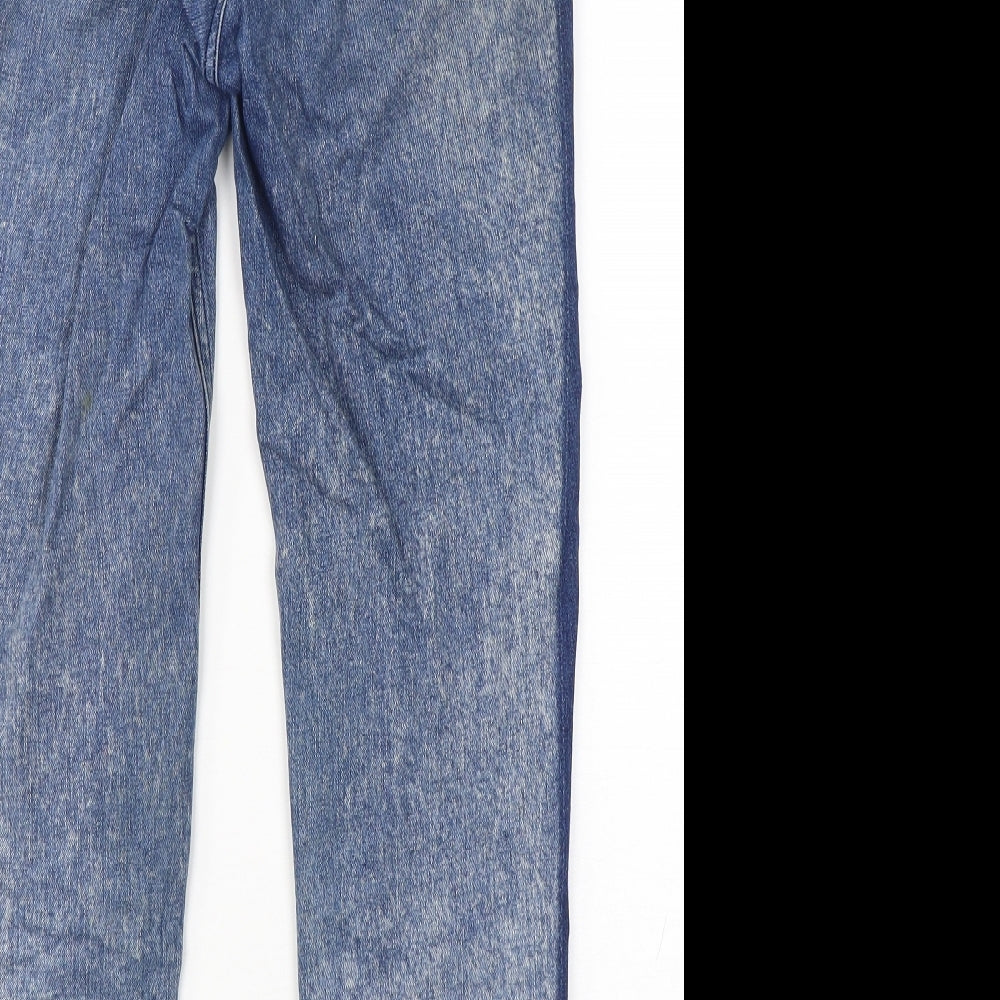 Brand and care label for ASOS women’s blue cotton skinny jeans, size UK 28, in, 28-inch leg regular button