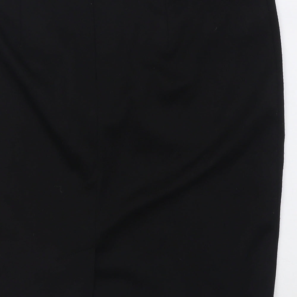 Brand and care label for ET VOUS women’s black striped polyester a-line skirt, size UK 10, button