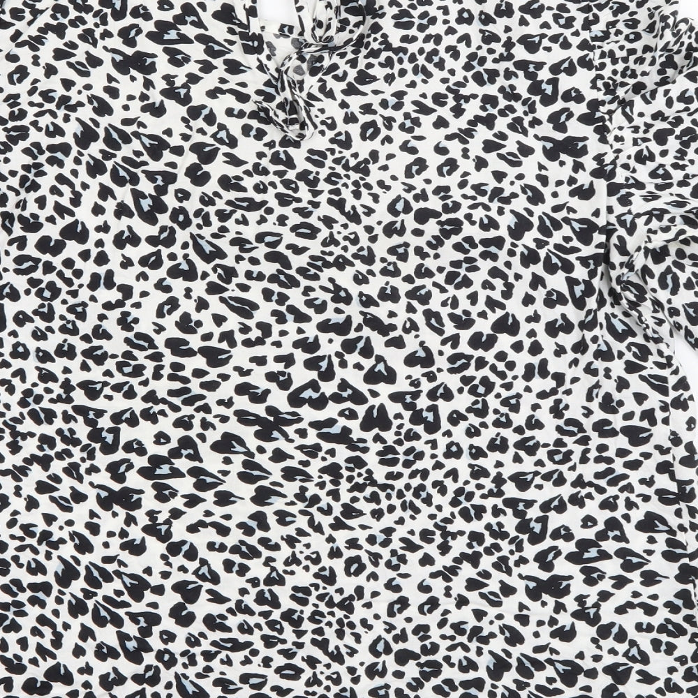 Brand and care label for Papaya women’s white animal print viscose basic blouse, size UK 8, round neck