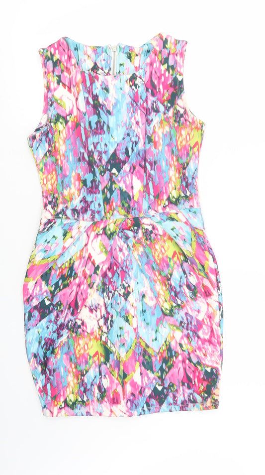 Additional front view of Internacionale women’s multicoloured geometric polyester pencil dress, size S, scoop neck zip