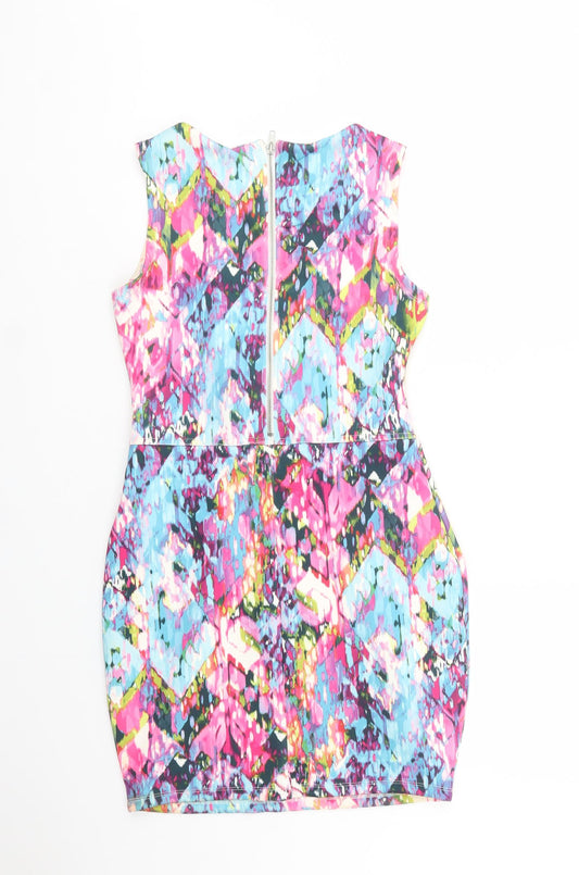 Internacionale Womens Multicoloured Geometric Polyester Pencil Dress Size S Scoop Neck Zip