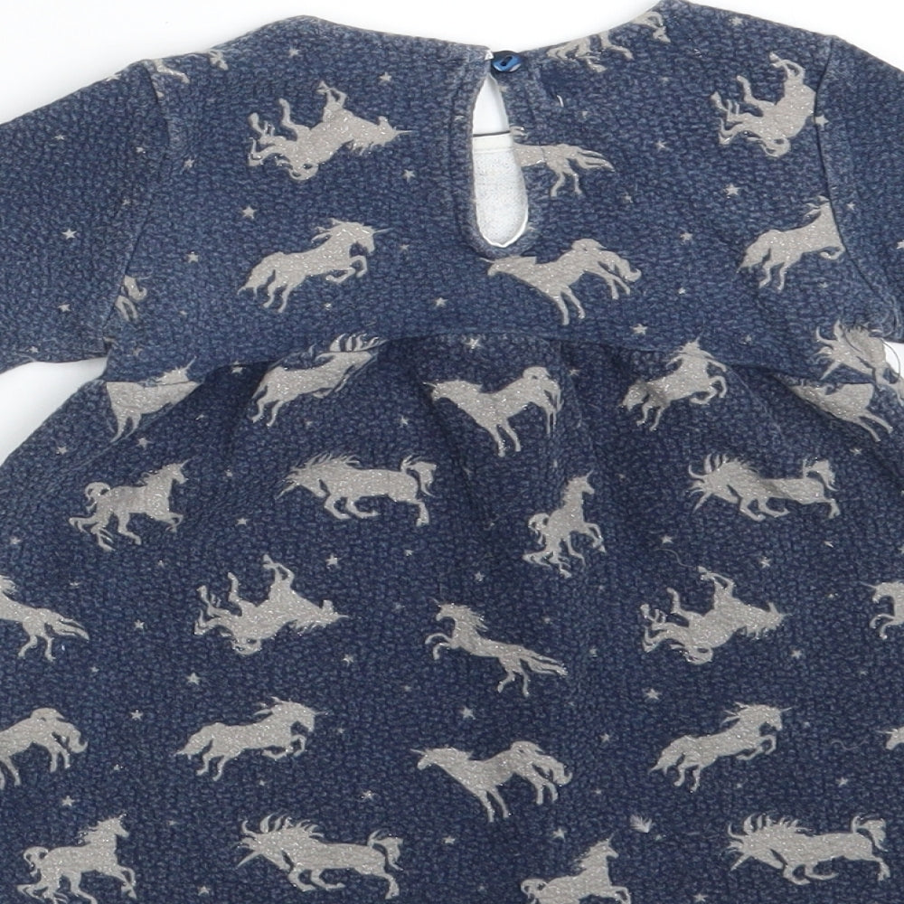 Zara Girls Blue Animal Print Cotton A-Line Size 9-12 Months Round Neck Button - Unicorn