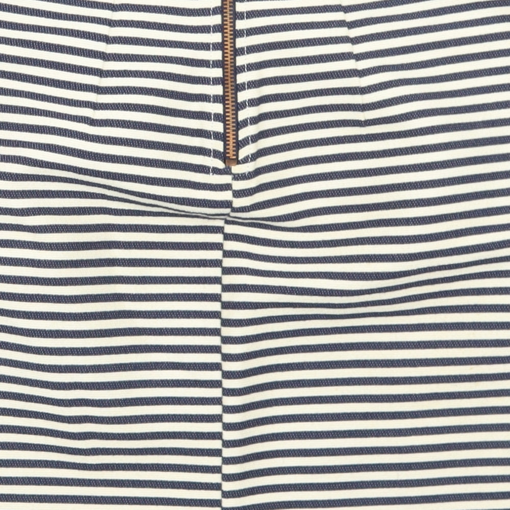 Brand and care label for H&M women’s blue striped cotton straight & pencil skirt, size UK 6, zip
