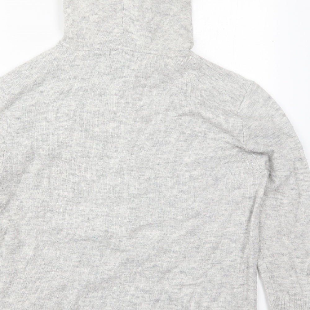 Brand and care label for Dunnes women’s grey acrylic pullover hoodie, size M, pullover