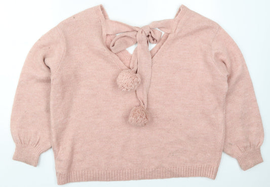 Primark Womens Pink V-Neck Acrylic Pullover Jumper Size 14 - Pom Pom