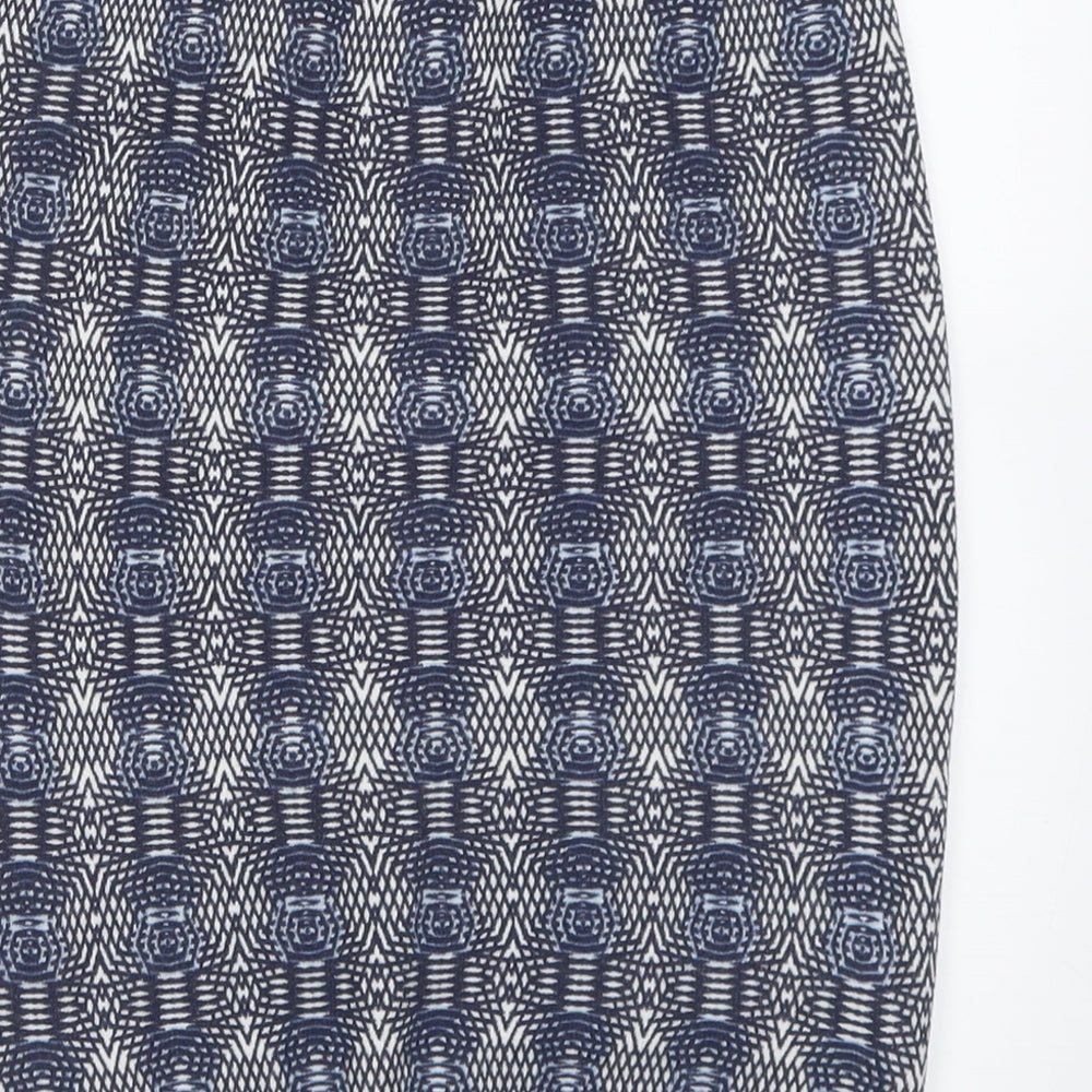Brand and care label for Next women’s blue geometric cotton a-line skirt, size UK 8