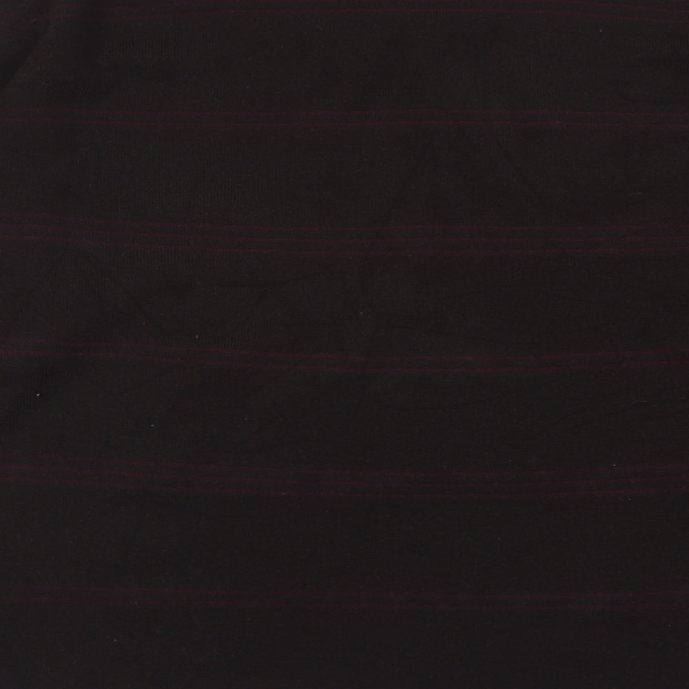 Brand and care label for Blue Harbour men’s brown v-neck striped acrylic jumper, size L