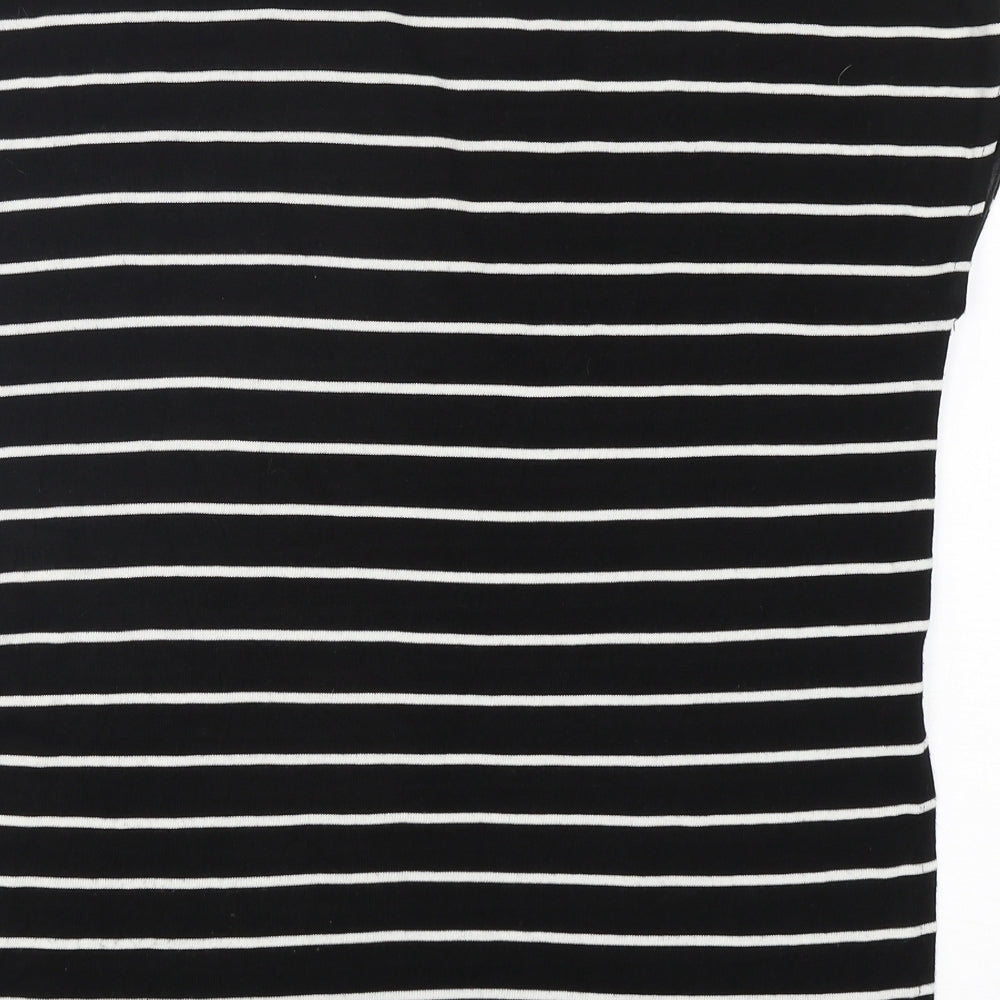 Brand and care label for F&F women’s black round neck striped viscose jumper, size UK 10