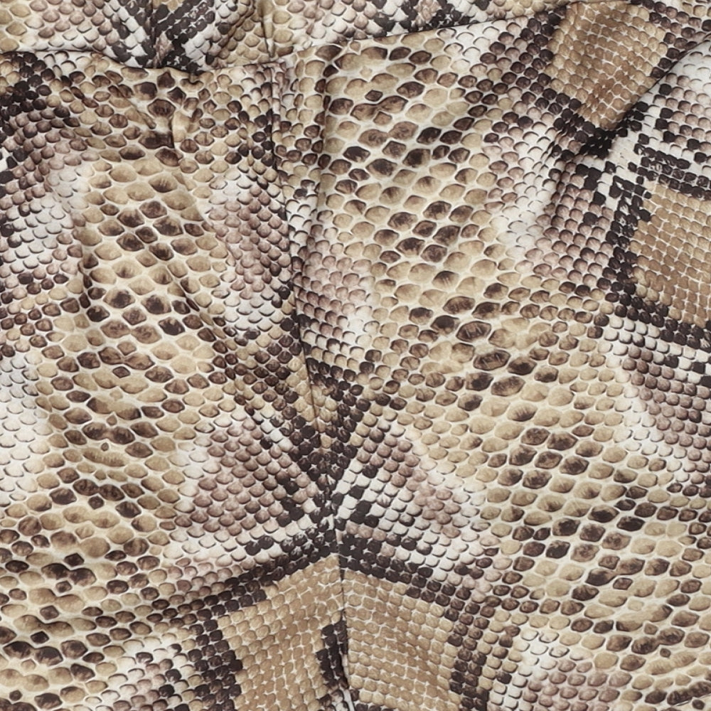 Brand and care label for PRETTYLITTLETHING women’s brown animal print polyester paperbag shorts, size UK 8 regular