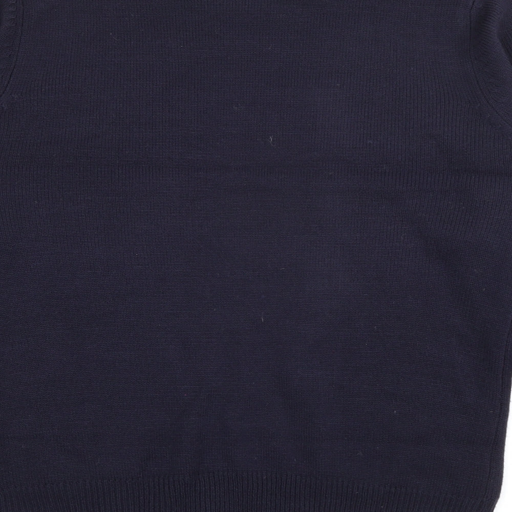 Brand and care label for New Look men’s blue crew neck acrylic jumper, size S