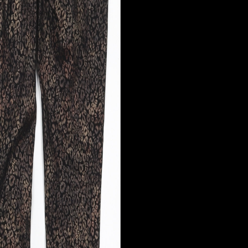 Brand and care label for Tu women’s brown animal print viscose jegging jeans, size UK 8, 27-inch leg regular