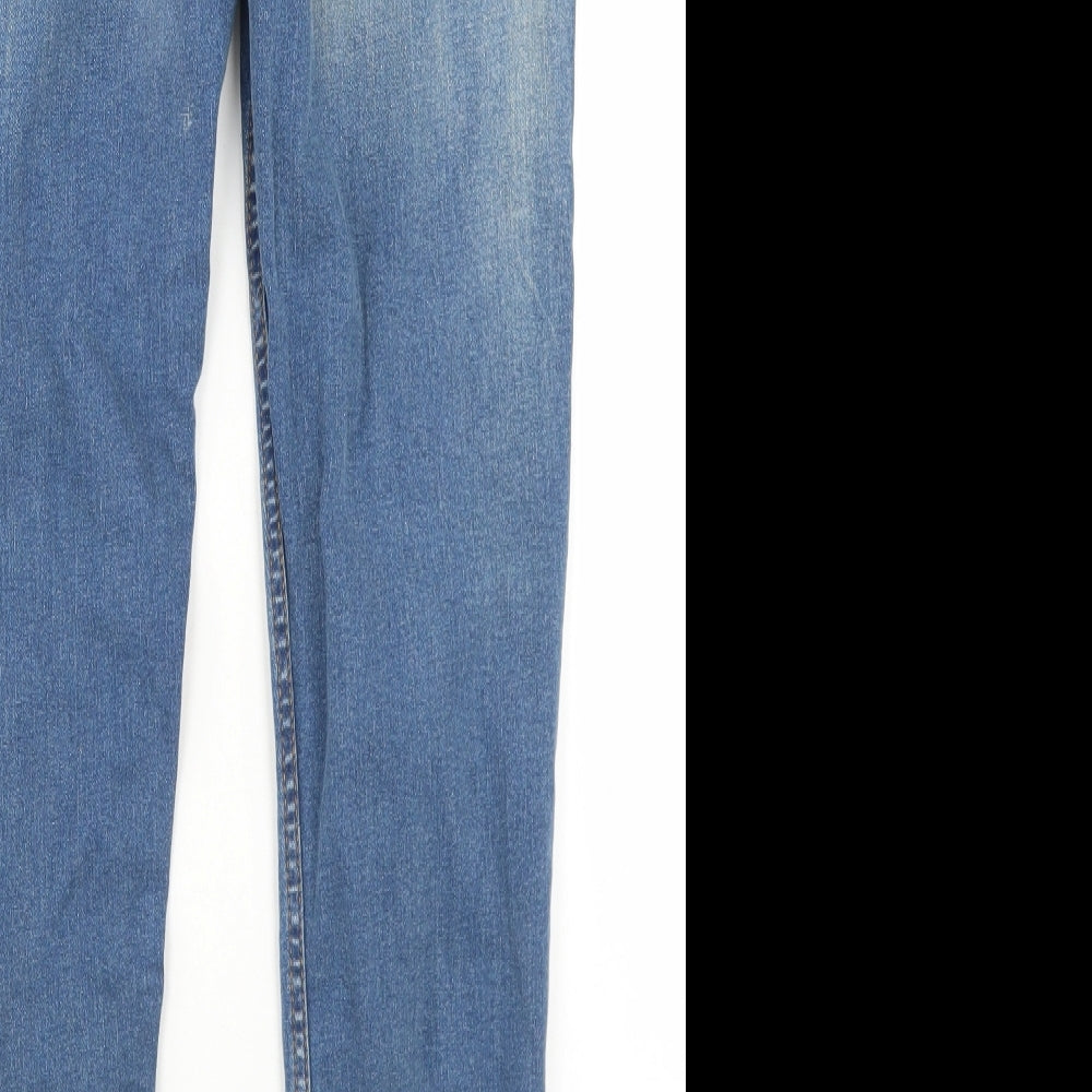 Brand and care label for Denim Co men’s blue cotton skinny jeans, size 30, in, 28-inch leg regular button