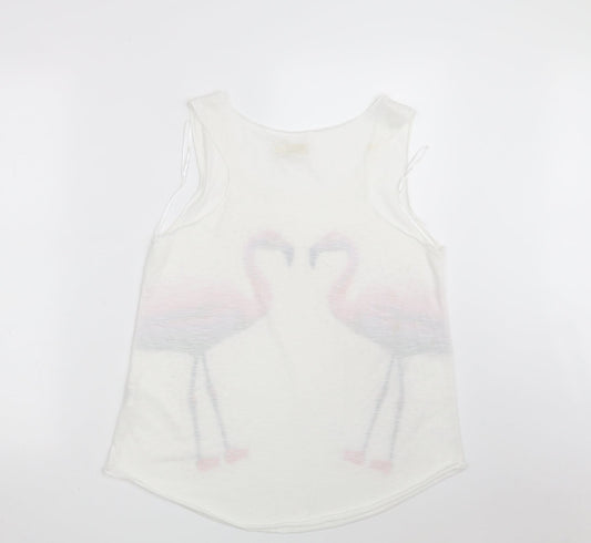 Back view of QED London women’s white animal print polyester basic blouse, size M, round neck - flamingo