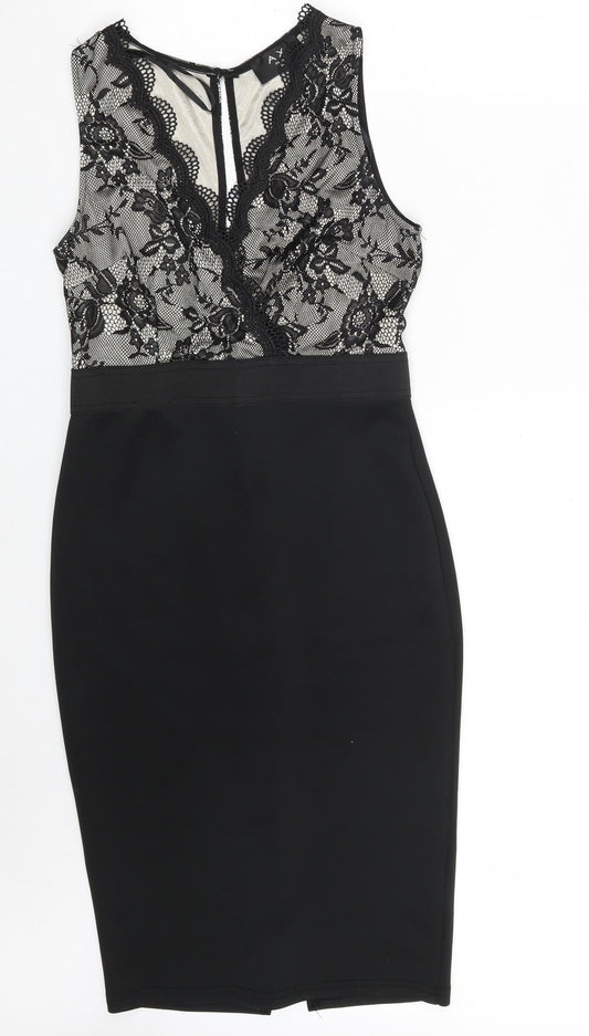 AX Paris Womens Black Floral Polyester Bodycon Size 10 V-Neck Zip