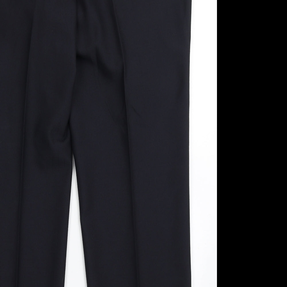 Brand and care label for Douglas men’s blue polyester dress pants trousers, size 38, 28-inch leg regular button - short leg