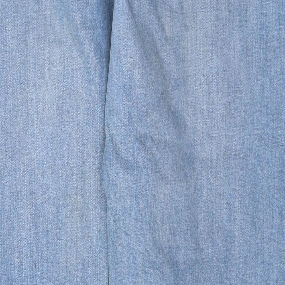 Brand and care label for River Island women’s blue cotton skinny jeans, size UK 36, in, 34-inch leg regular button