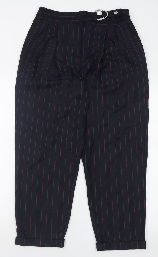 Additional front view of Topshop women’s black striped polyester trousers, size UK 10, 28-inch leg regular hook & eye