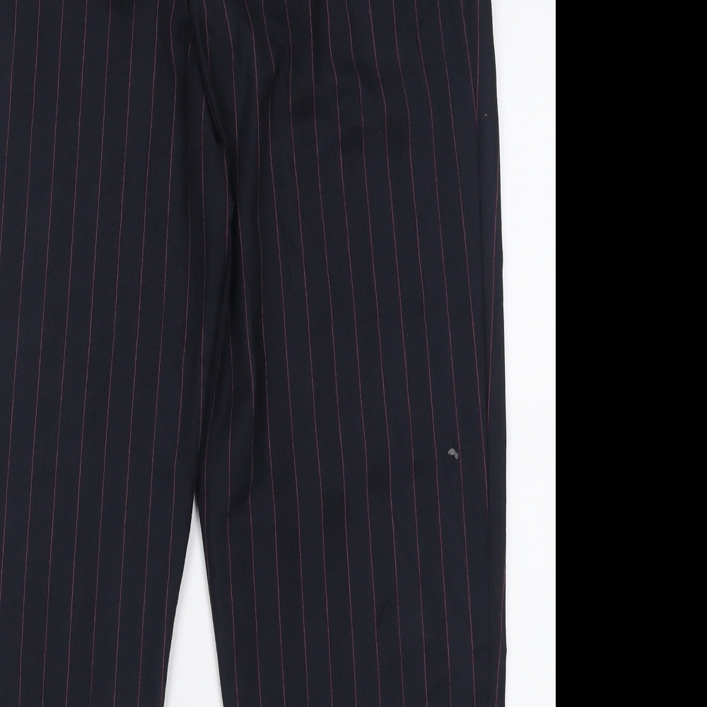Brand and care label for Topshop women’s black striped polyester trousers, size UK 10, 28-inch leg regular hook & eye