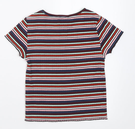 Primark Womens Multicoloured Striped Polyester Cropped T-Shirt Size 6 Crew Neck