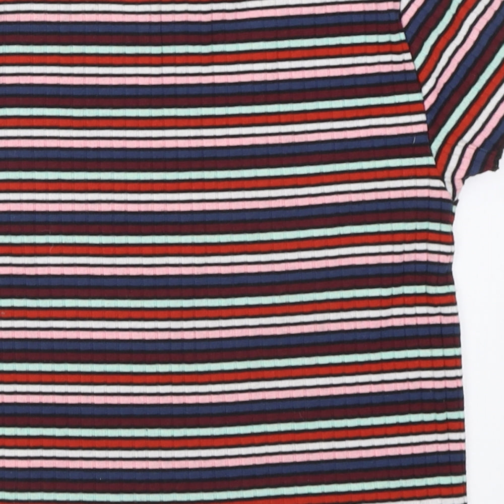 Primark Womens Multicoloured Striped Polyester Cropped T-Shirt Size 6 Crew Neck