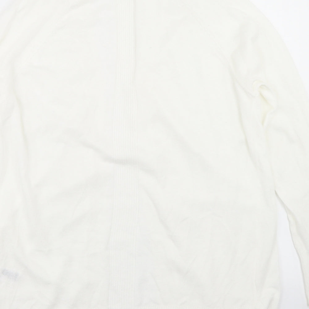 Brand and care label for F&F women’s white round neck nylon cardigan jumper, size XS
