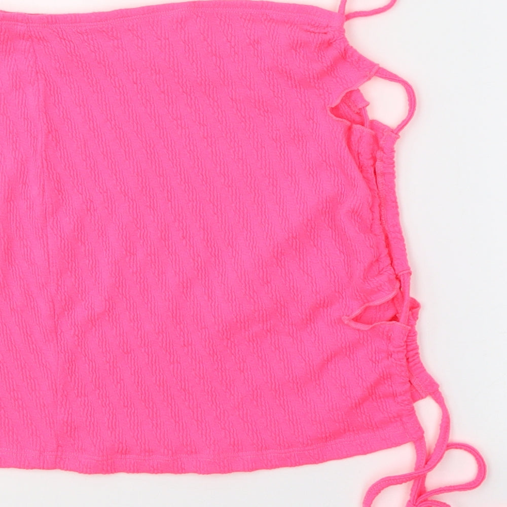 Brand and care label for SHEIN women’s pink polyester wrap tank, size S, square neck