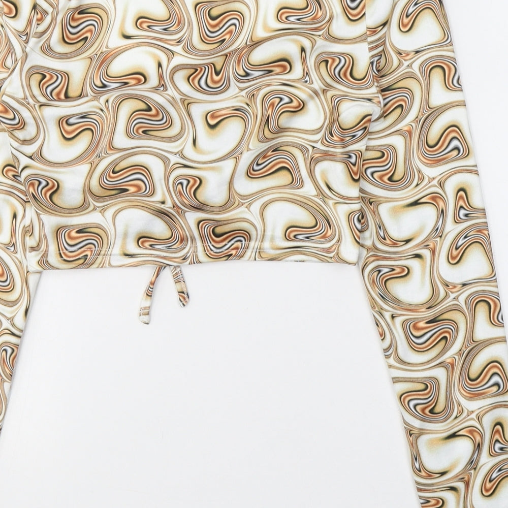 Brand and care label for SHEIN women’s beige paisley polyester cropped blouse, size S, v-neck