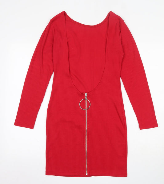 Missguided Womens Red Cotton Skater Dress Size 10 Round Neck Zip