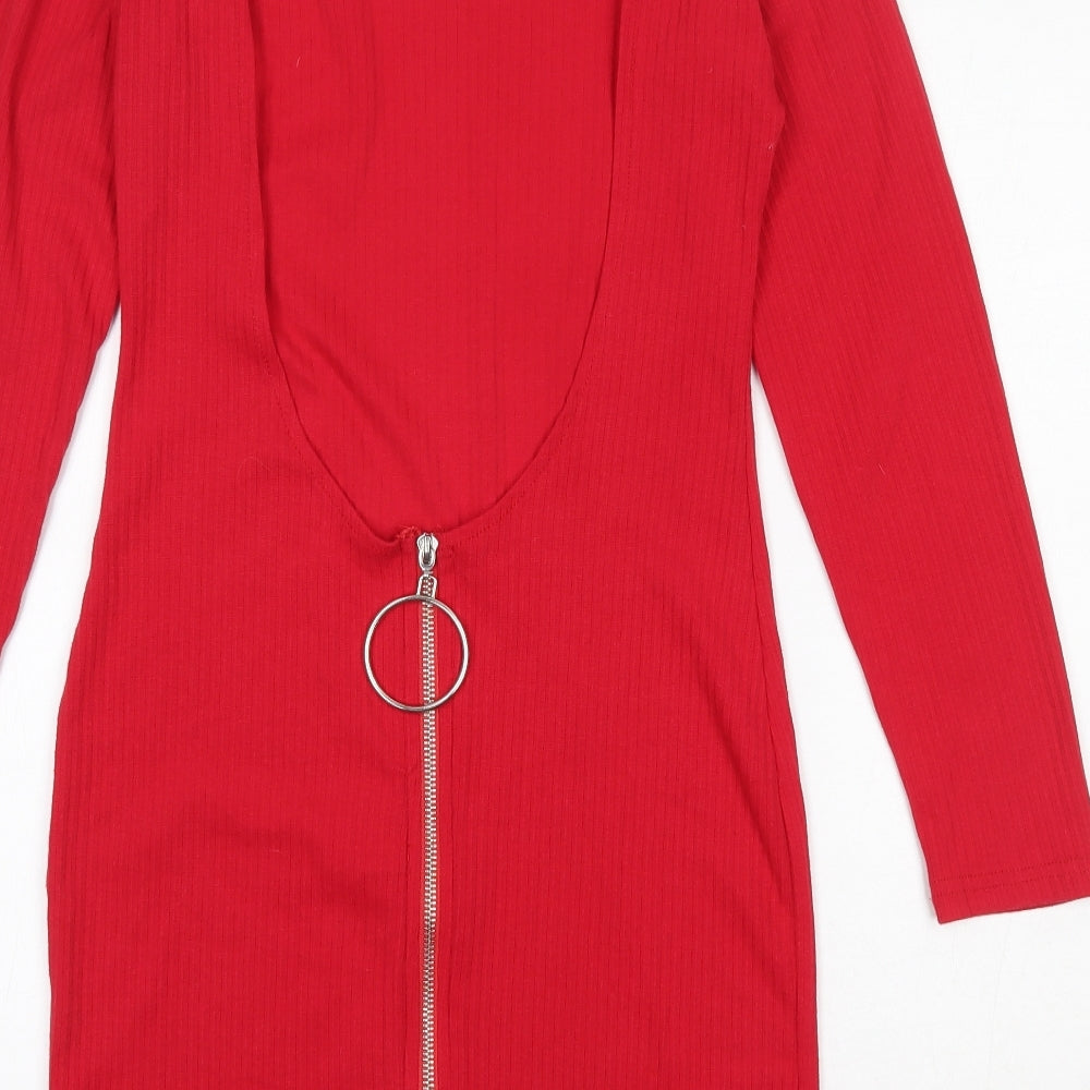 Brand and care label for Missguided women’s red cotton skater dress, size UK 10, round neck zip